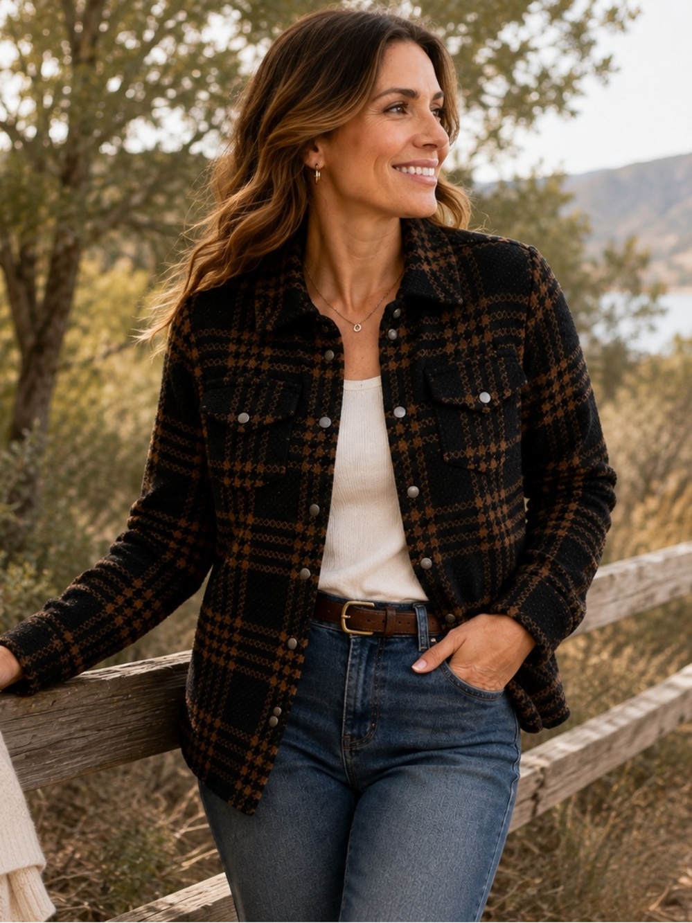 Aventura Black Brown Plaid Shacket Jacket Recycled Polyester Size Large.